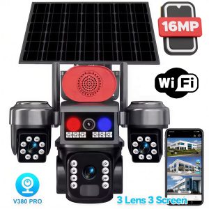 СОЛАРНА ВЪНШНА WiFi КАМЕРА С ТРИ ОБЕКТИВА И АЛАРМА - ТРОЙНА WIFI КАМЕРА 16MP SUNVISION