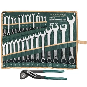КОМПЛЕКТ КОМБИНИРАНИ КЛЮЧОВЕ 27 ЧАСТИ + ПОДАРЪК КЛЕЩИ ГАРГИ 10" ROCKFORCE