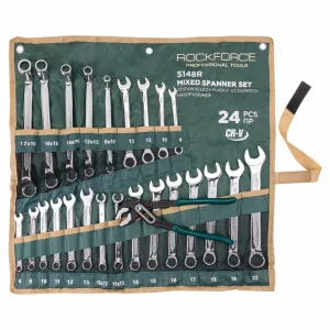 КОМПЛЕКТ КОМБИНИРАНИ КЛЮЧОВЕ 24 ЧАСТИ + ПОДАРЪК КЛЕЩИ ГАРГИ 10" ROCKFORCE